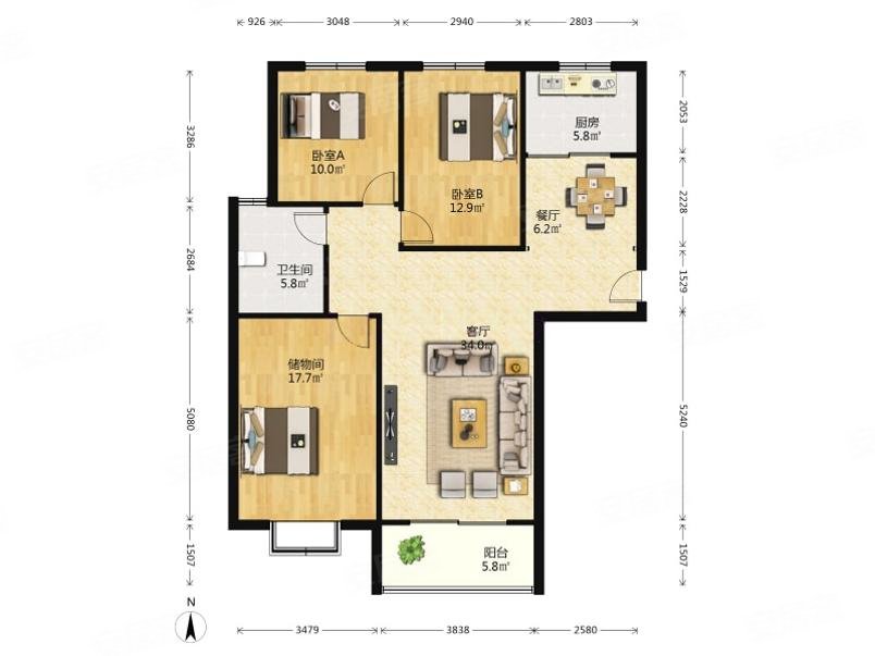 焦庄佳园3室2厅1卫140.86㎡南80万