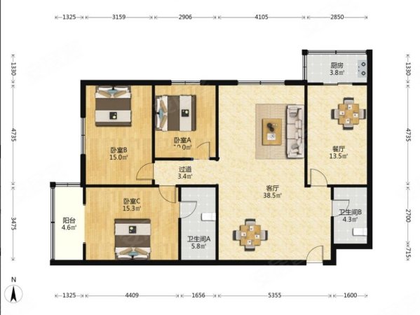 铁厦家园3室2厅2卫141.81㎡西北130万