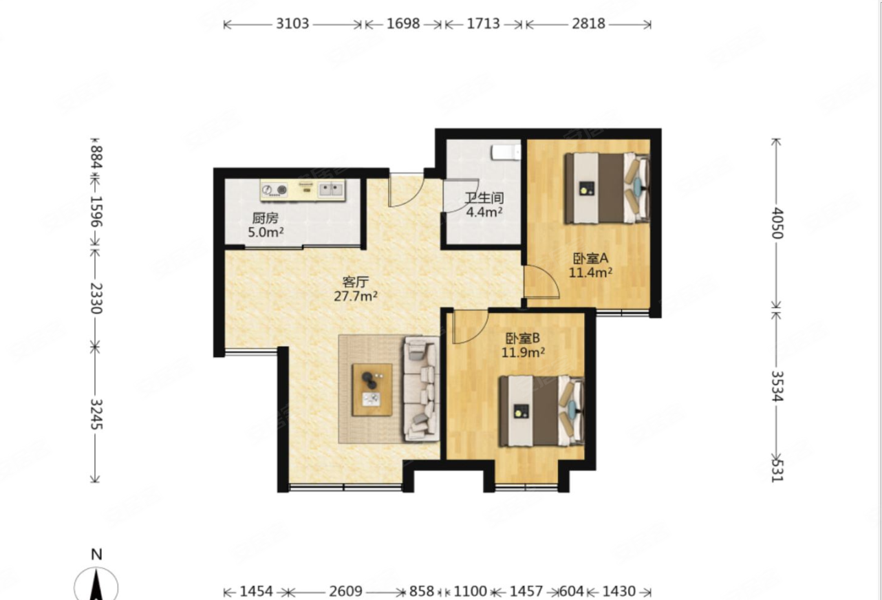 鲁润静园2室2厅1卫85.26㎡南北365万
