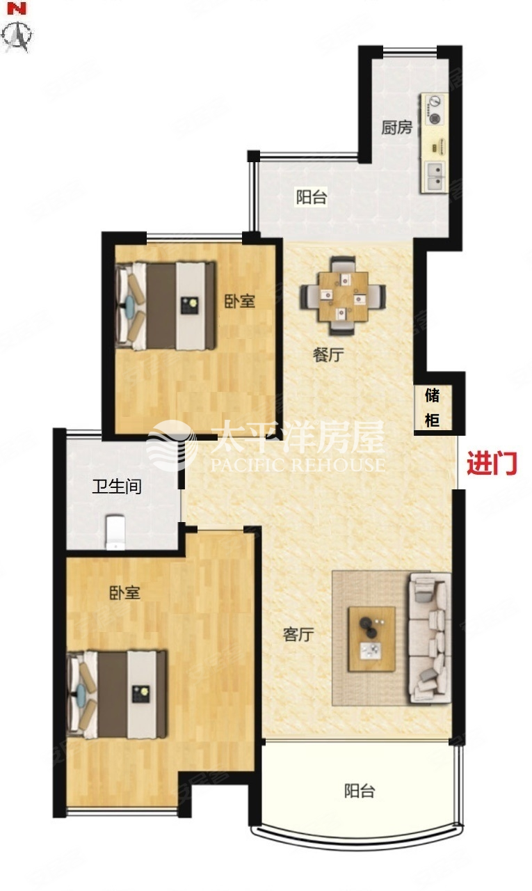 九城湖滨2室2厅1卫94.43㎡南525万