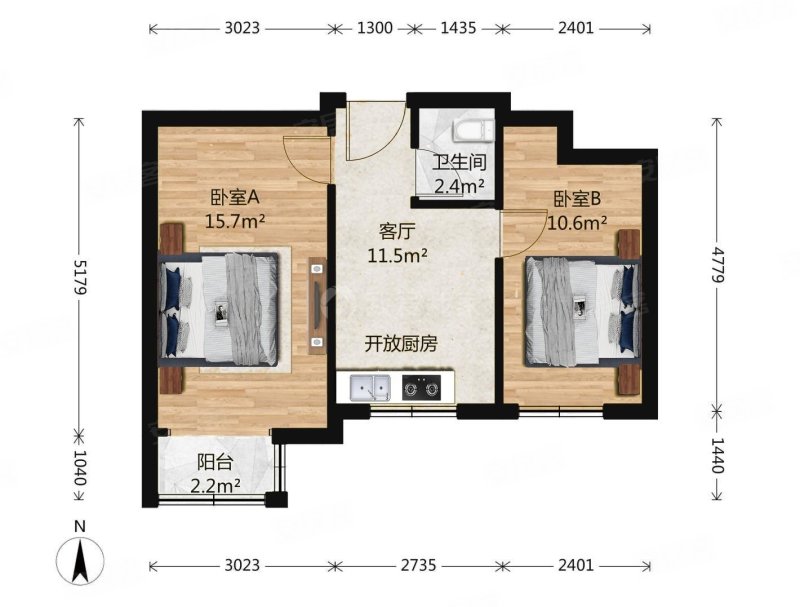 麦子店街小区2室1厅1卫49.73㎡南358万