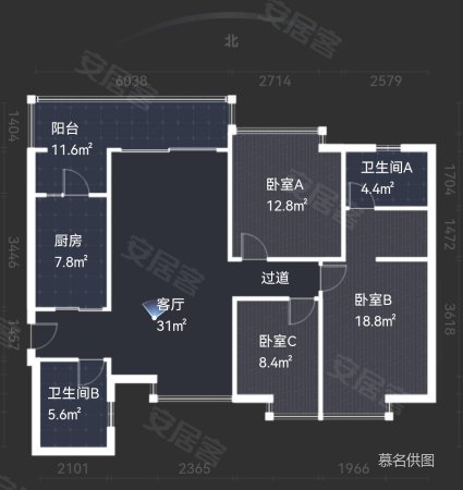 恒大绿洲3室2厅2卫124.96㎡南北145万