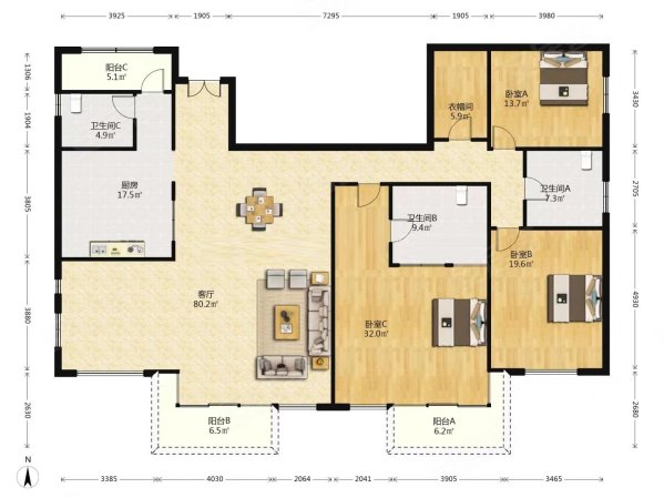 龙柏花苑(北区公寓住宅)4室2厅3卫252㎡南北1510万