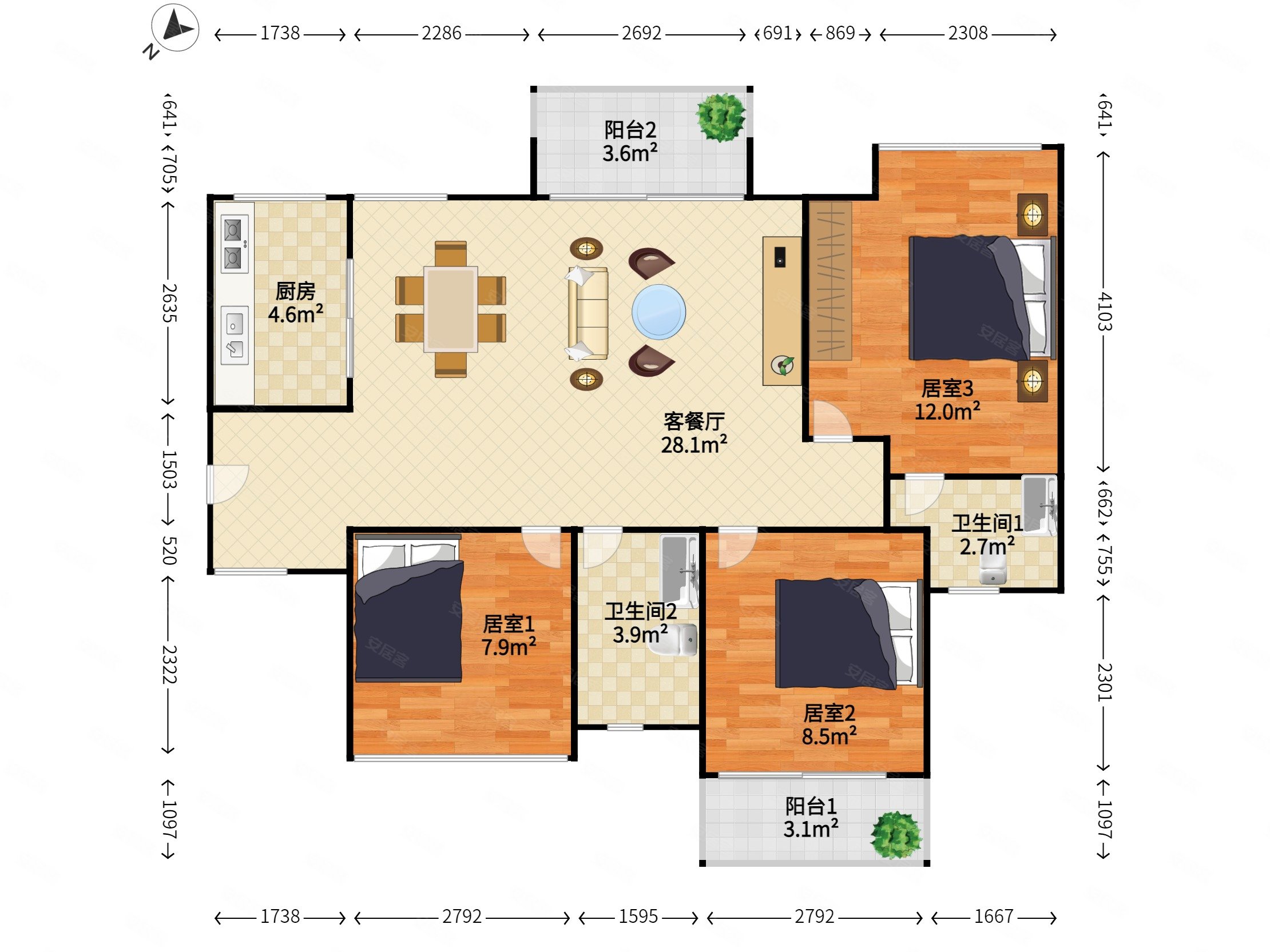 中骏四季阳光一期3室2厅2卫86.25㎡南北255万