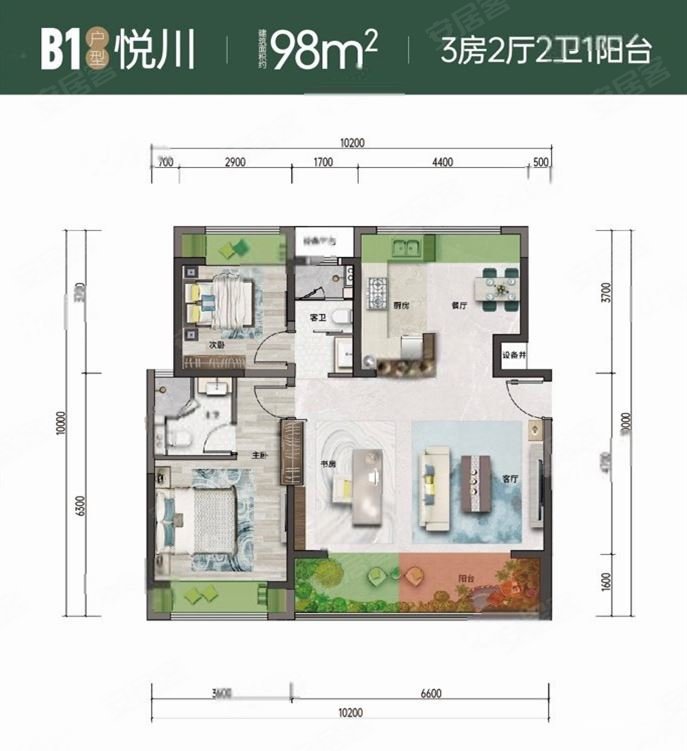 一梯两户 南北通透,义承金川府二手房,125万,3室2厅,2卫,98平米-昆明