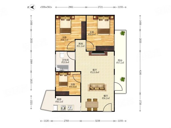 翠竹苑3室2厅1卫72.46㎡南北378万