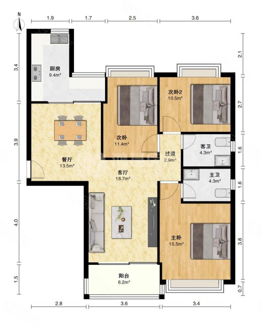市中心,安静小区,3室2厅2卫1阳台精装,房东换房,恒大金碧华府二手房