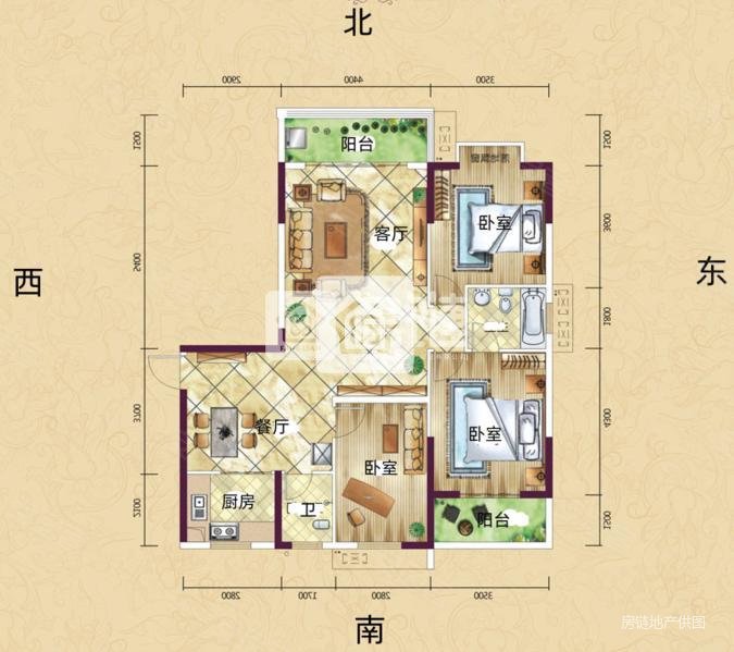 中央公园3室2厅2卫131㎡南北66万