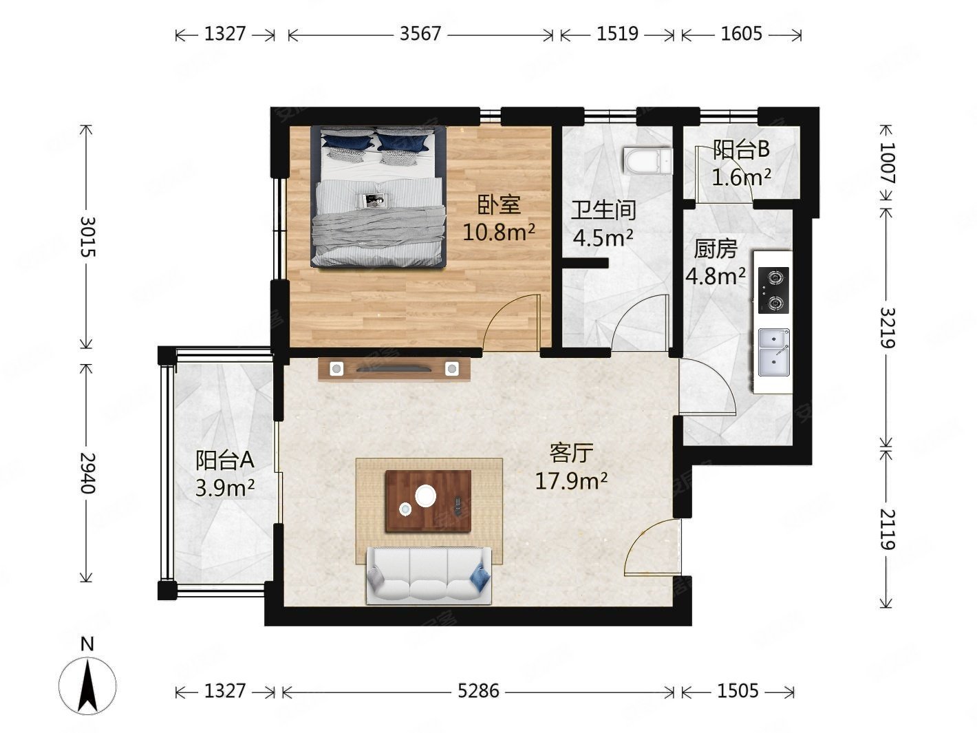 加州水郡明厨明卫正规一居室小区中间位置户型方正看房方便