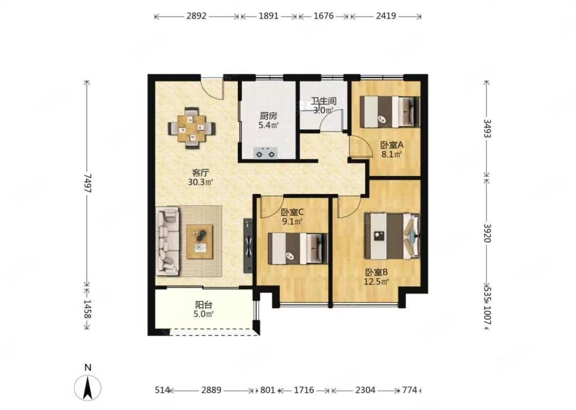中南上悦城3室2厅1卫99㎡南北164万