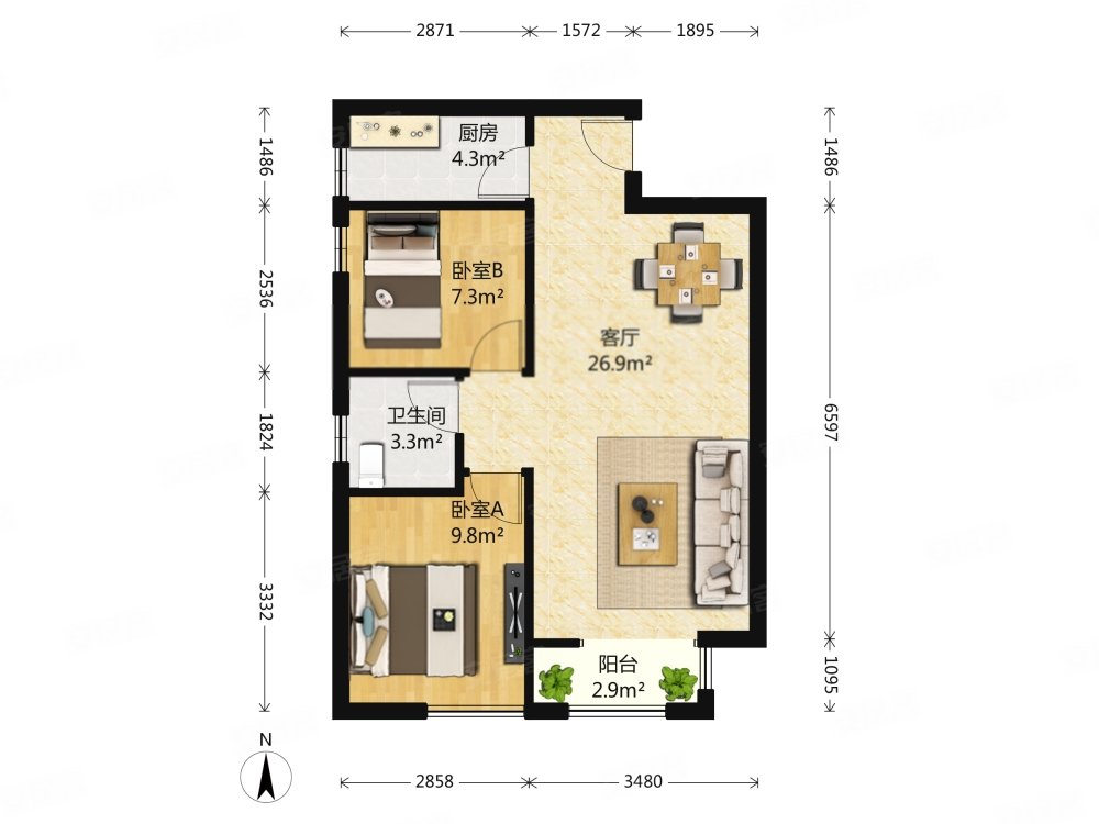 天洋城4代(南区高层)2室2厅1卫80㎡西南46万