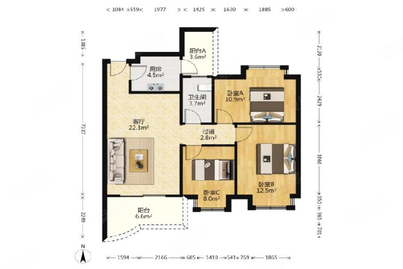 光大花园3室2厅1卫91㎡南北495万