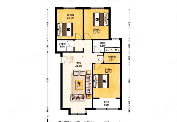 丰华嘉城3室2厅1卫124㎡南北73万