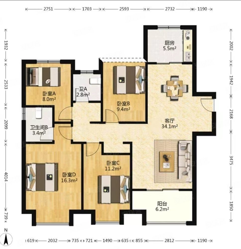 满二住房4室2厅依澜雅居1期南北通透134平