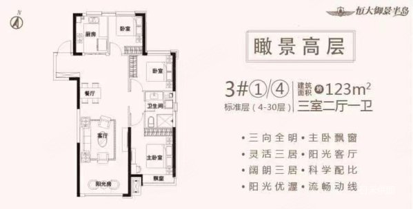 恒大御景半岛3室2厅1卫124㎡南北77万