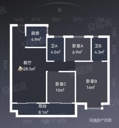 华鸿时代中央公园3室2厅2卫96.26㎡南北186万