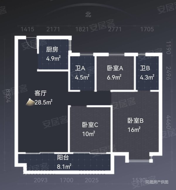 华鸿时代中央公园3室2厅2卫96.26㎡南北186万