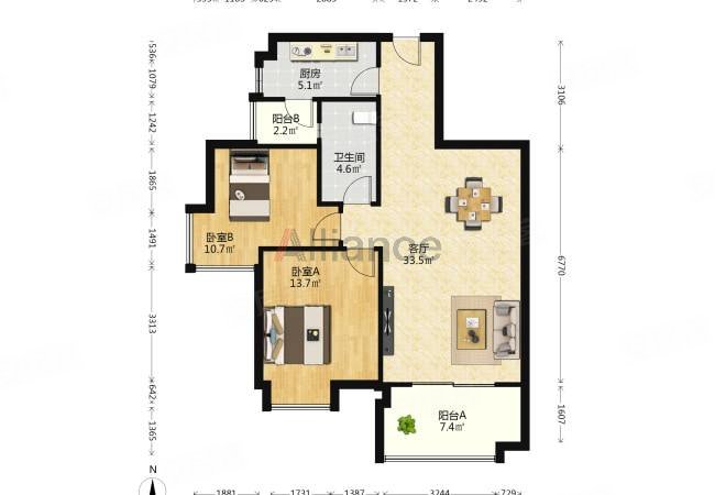 清河阳光2室1厅1卫90.55㎡南102万