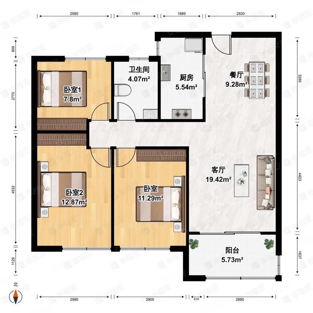 融信白宫3室2厅1卫89.51㎡南北207万
