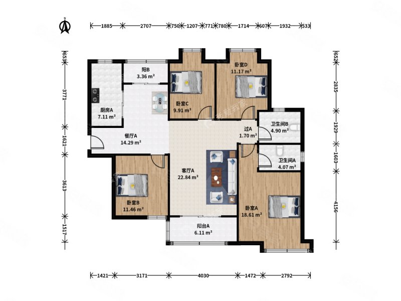 盘古园府4室2厅2卫121.17㎡南北550万