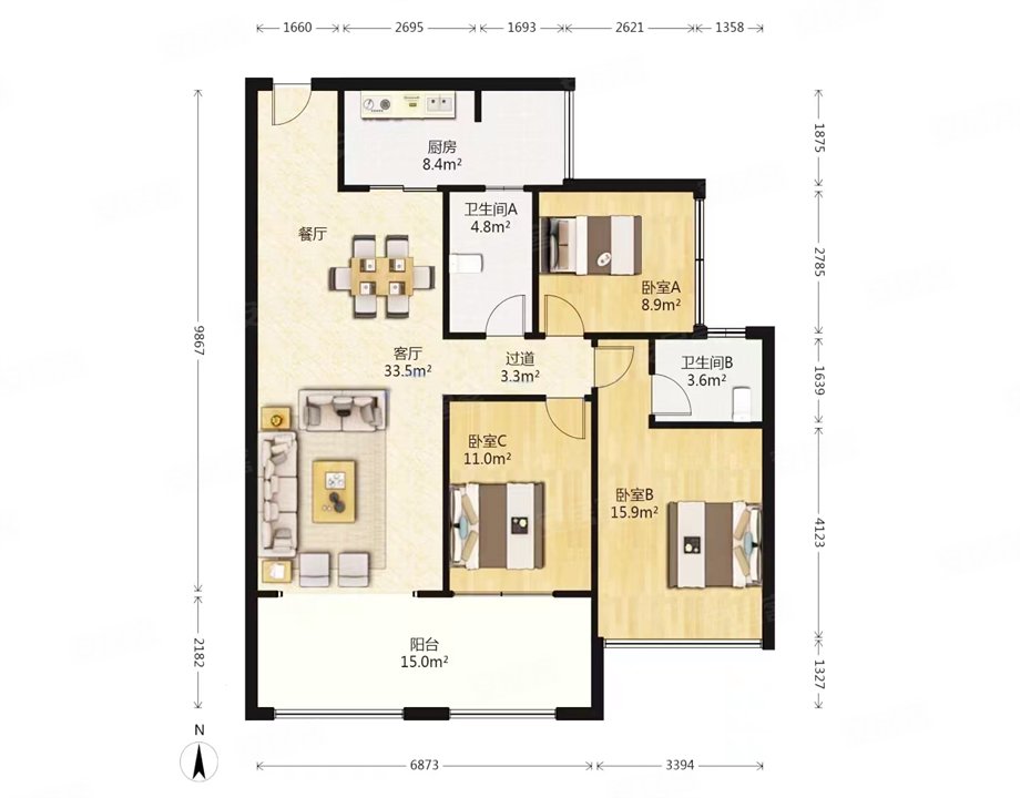 当代璞誉3室2厅2卫112㎡南北218万