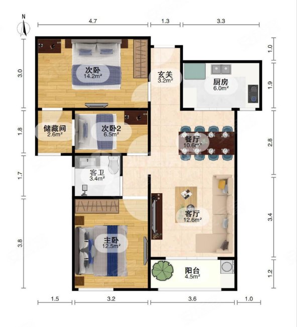 汇景新城(一期)3室2厅1卫100.84㎡南北115万