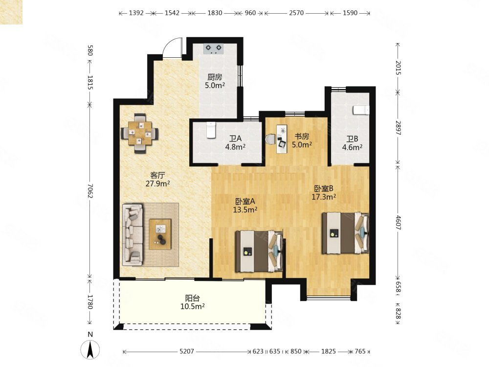 吾悦广场三期毛坯3房2卫双阳台户型方正