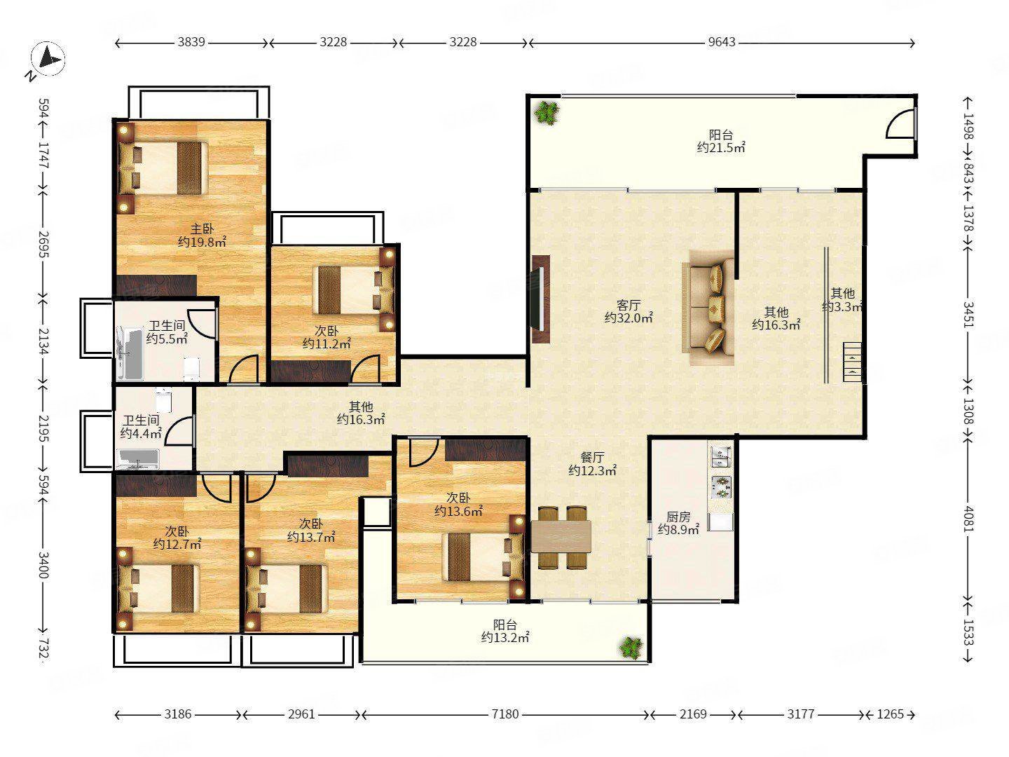 超大  双阳台依山傍水南北通公园大地豪装复式五房满五高使用率