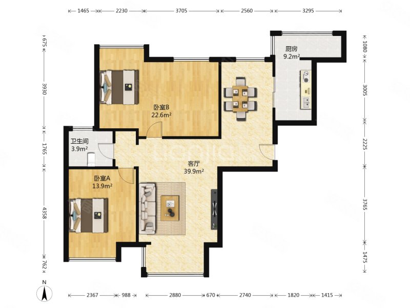 万达广场b1北区3室2厅2卫119.23㎡南北163万