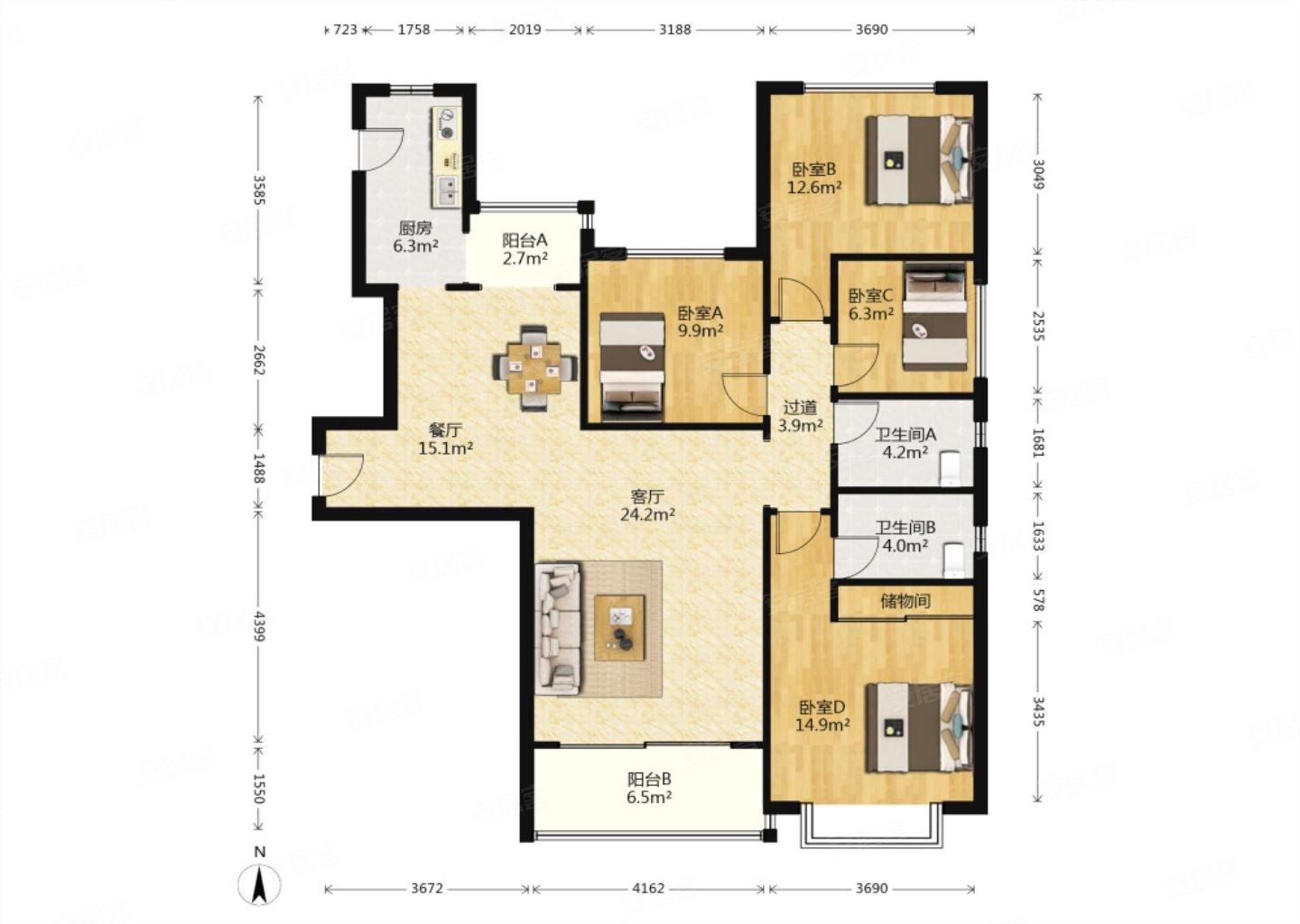 恒大翡翠华庭b区4室2厅2卫153.62㎡南695万