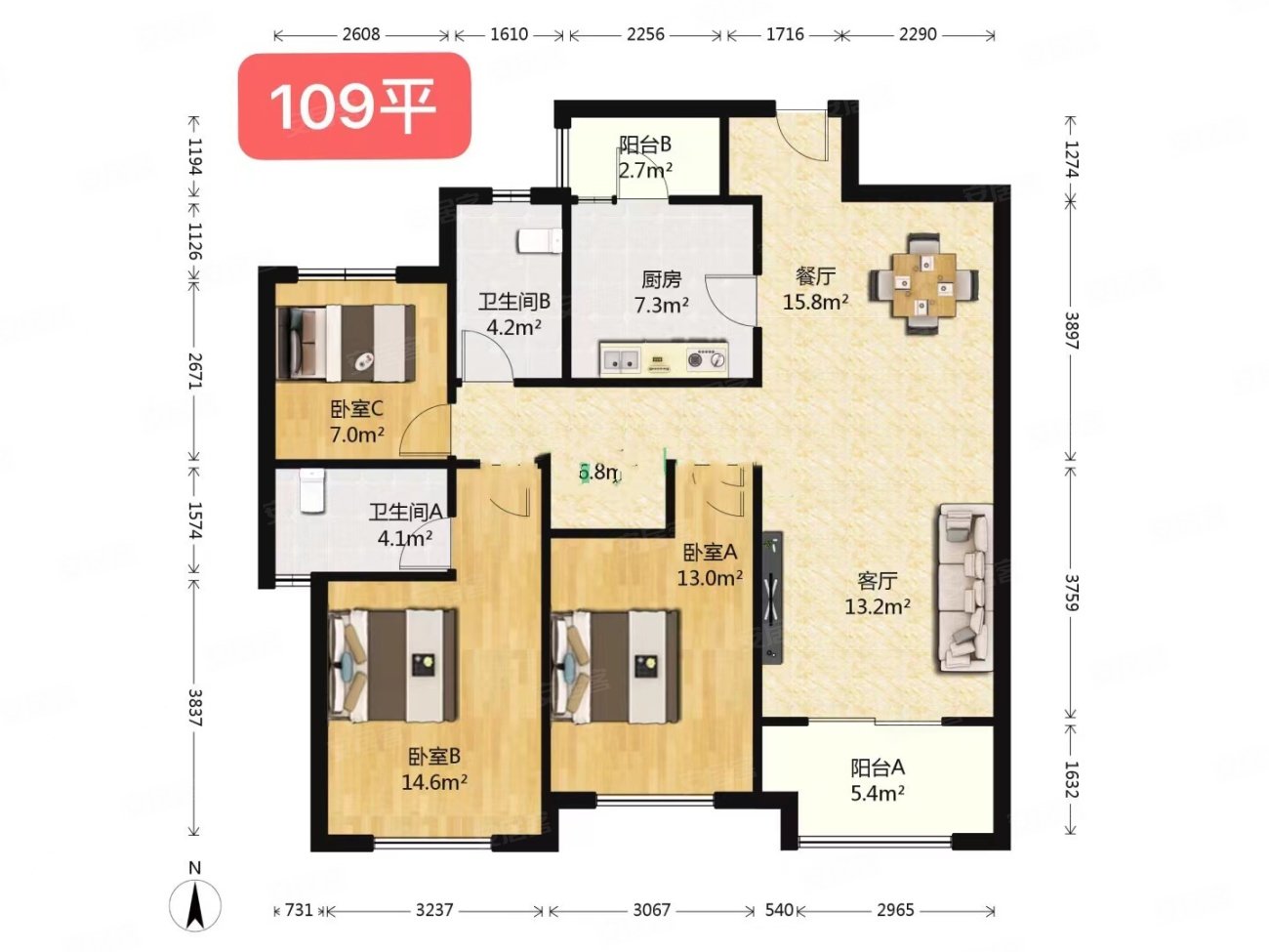 金域华府3室2厅1卫108.94㎡南北370万