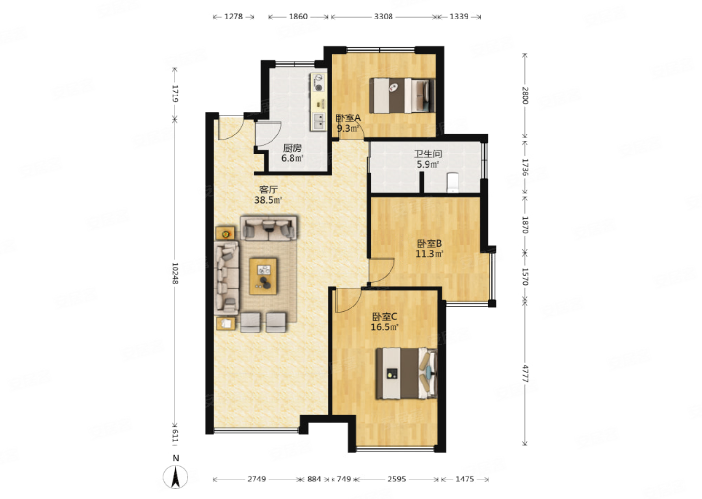 海教园仁恒滨河湾,自带装修中央空调地采暖,三室边户好楼层