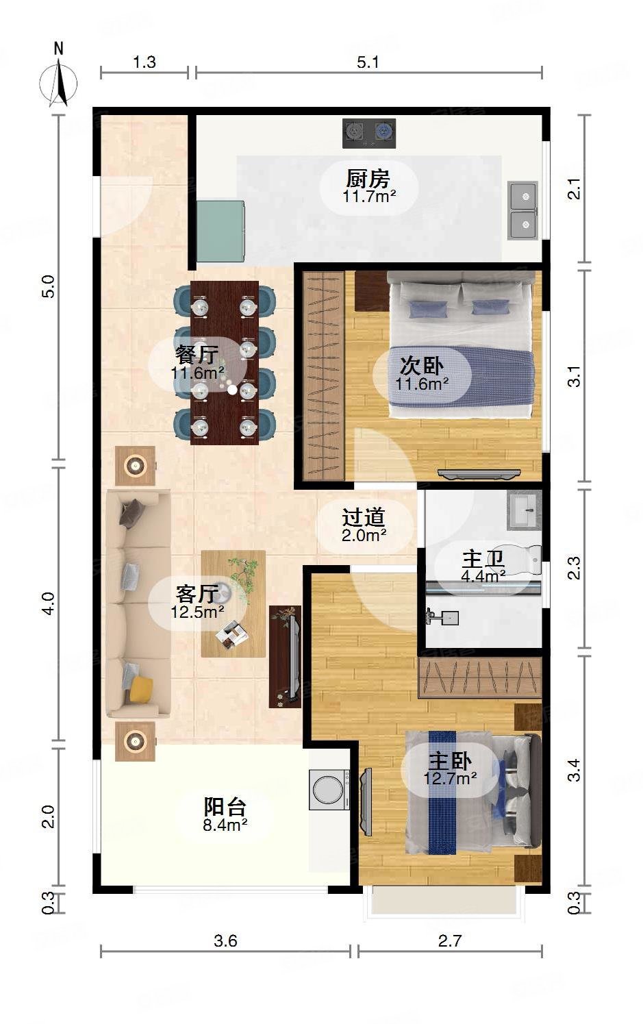 阳光上城2室2厅1卫80.51㎡南北125万