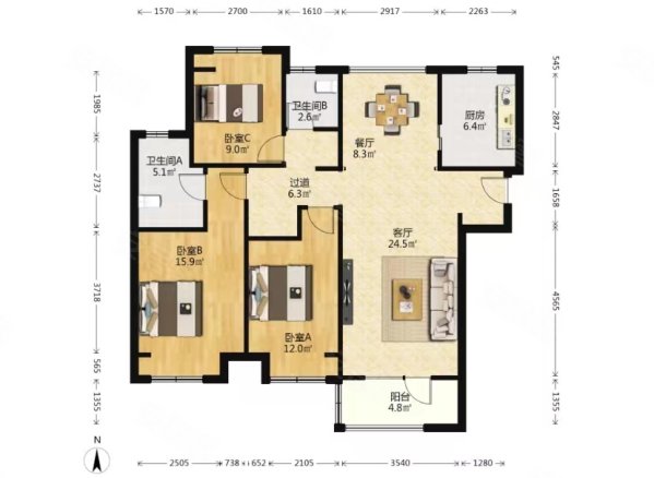 金水佳苑3室4厅2卫115.23㎡南北272万