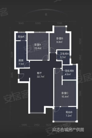 富力城(南区)3室2厅2卫126㎡南北195万