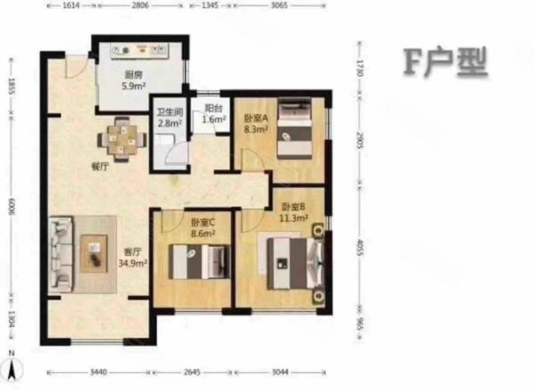 万科城二期3室2厅1卫88.92㎡南北173万