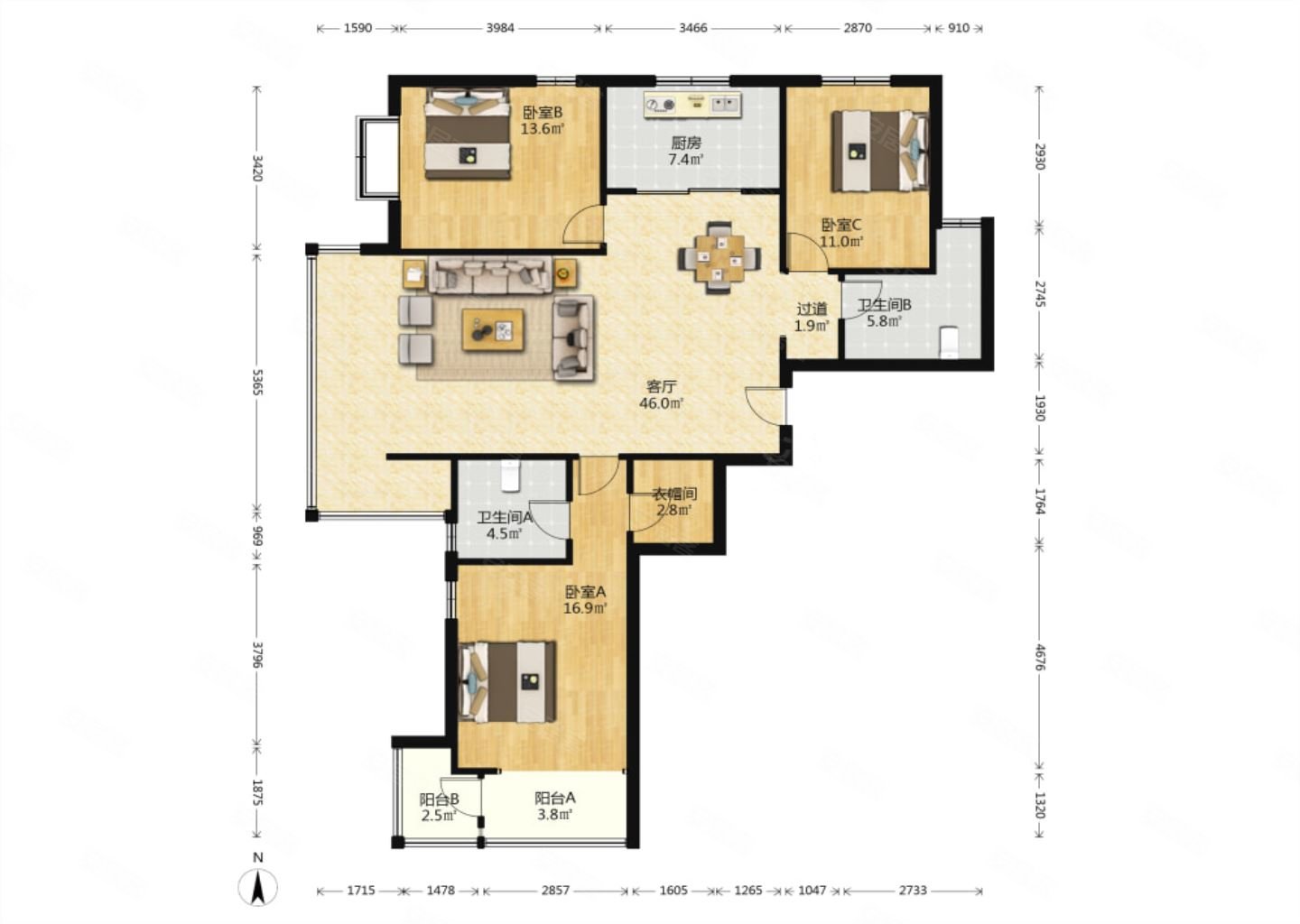 山水郡3室2厅2卫155㎡南235万