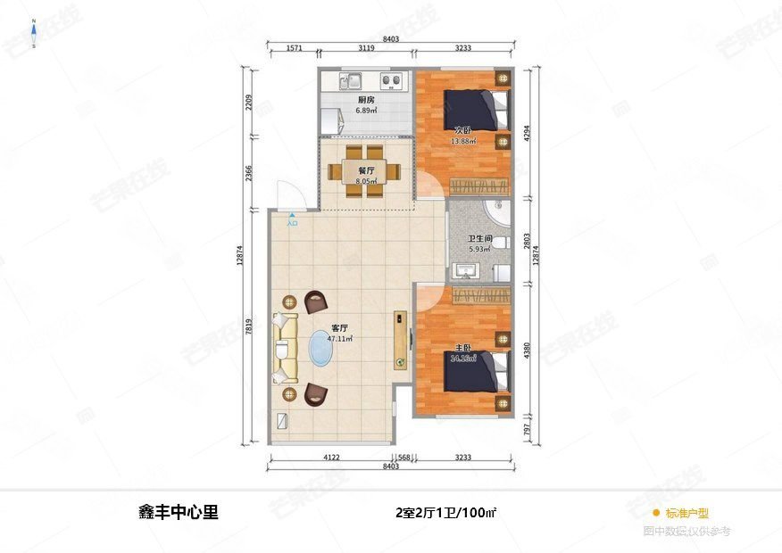 鑫丰中心里2室1厅1卫99.54㎡南北117万