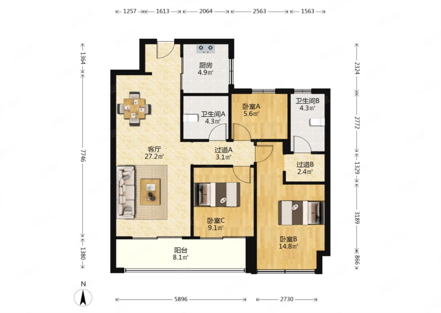 绿城诚园3室2厅2卫109.5㎡南北255万