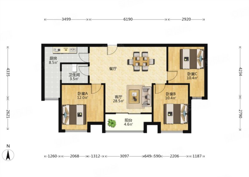 中央花园3室2厅1卫98.1㎡南北170万