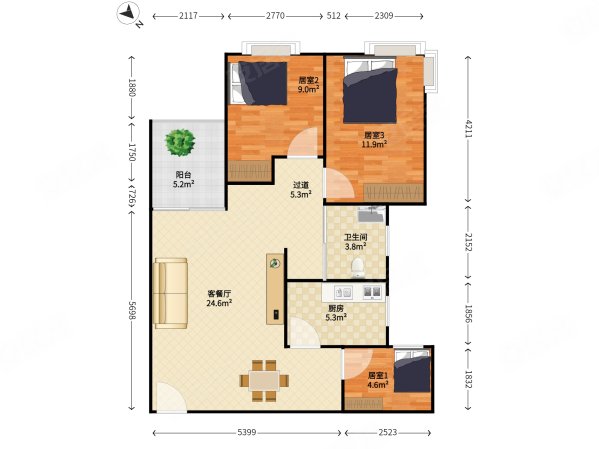 彩田村3室2厅1卫80.36㎡西南680万