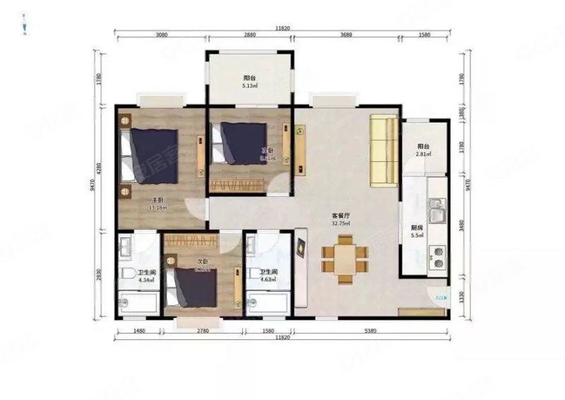 听湖九园3室2厅2卫103㎡南76万