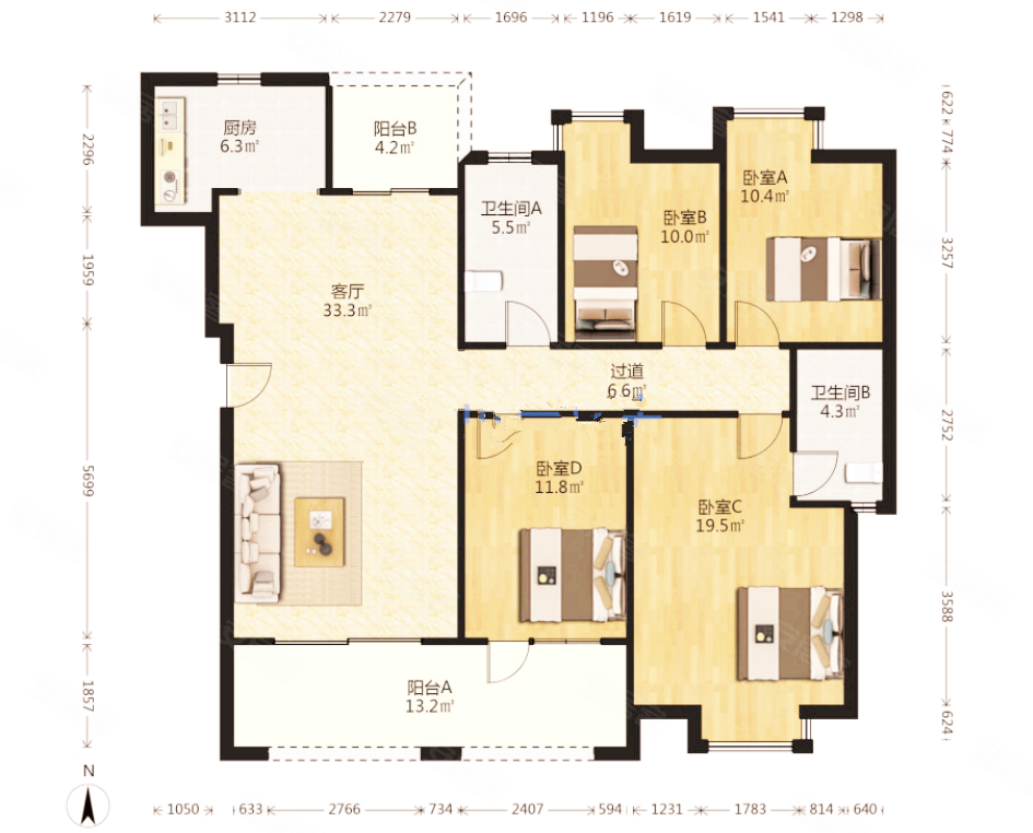 昌建星悦城4室2厅2卫140㎡南北89万