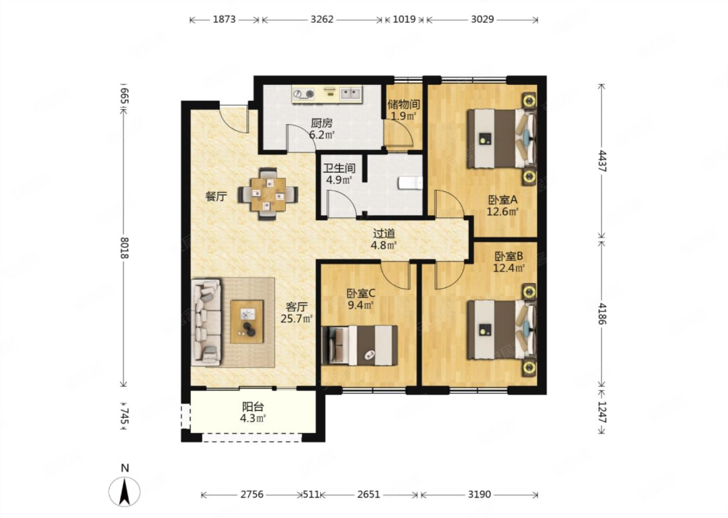 金地翔悦天下3室2厅1卫94.88㎡南北193万