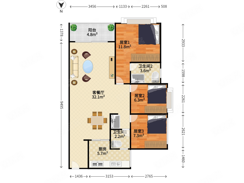 龙光城南四期3室2厅2卫89.19㎡南85万