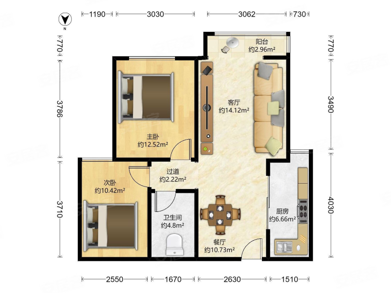 住总兴康家园2室2厅1卫88.52㎡南北335万