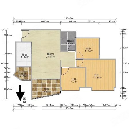 盈彩美居3室2厅1卫86.67㎡东南360万