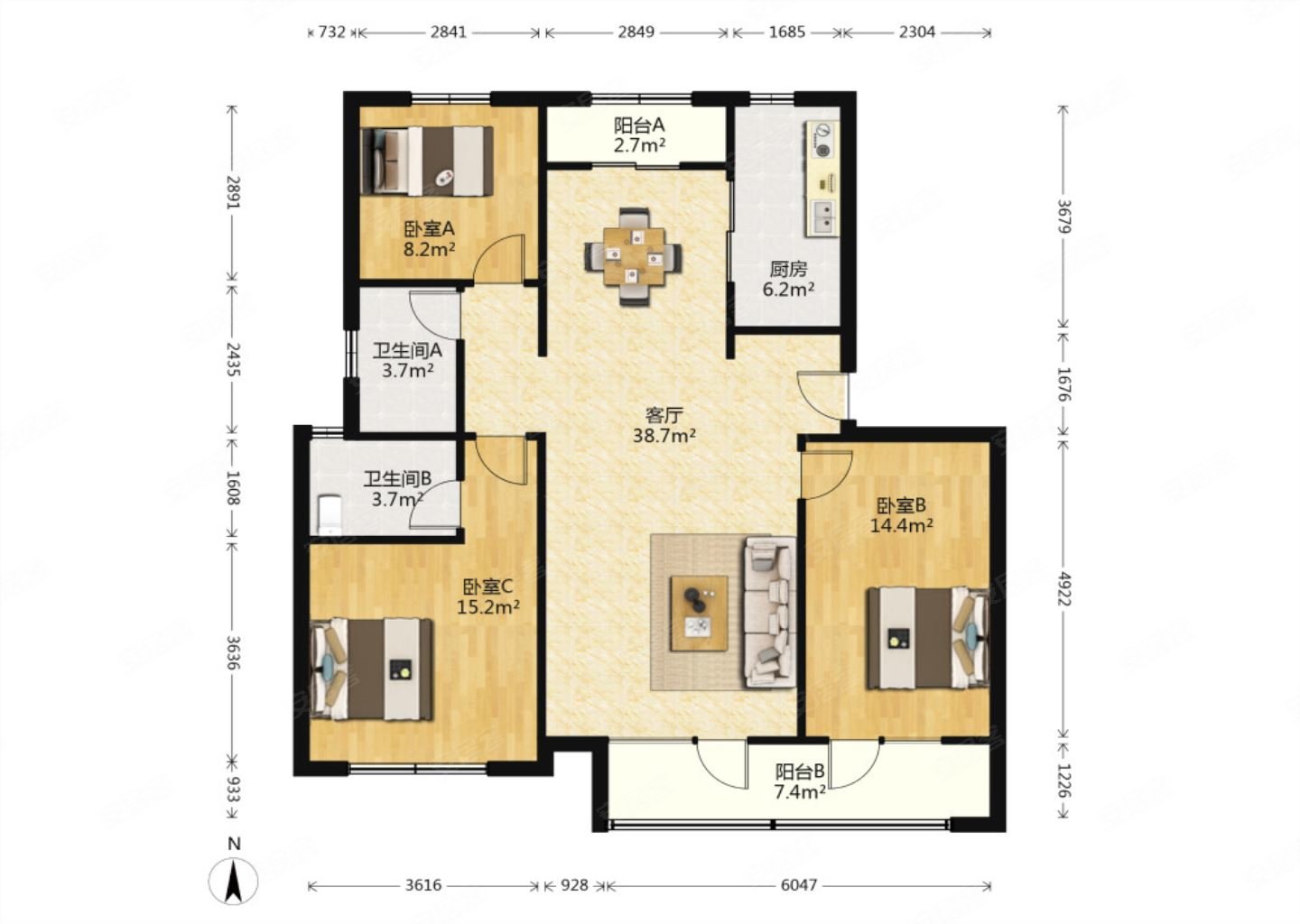 中海珑玺3室2厅2卫132.96㎡南北221万