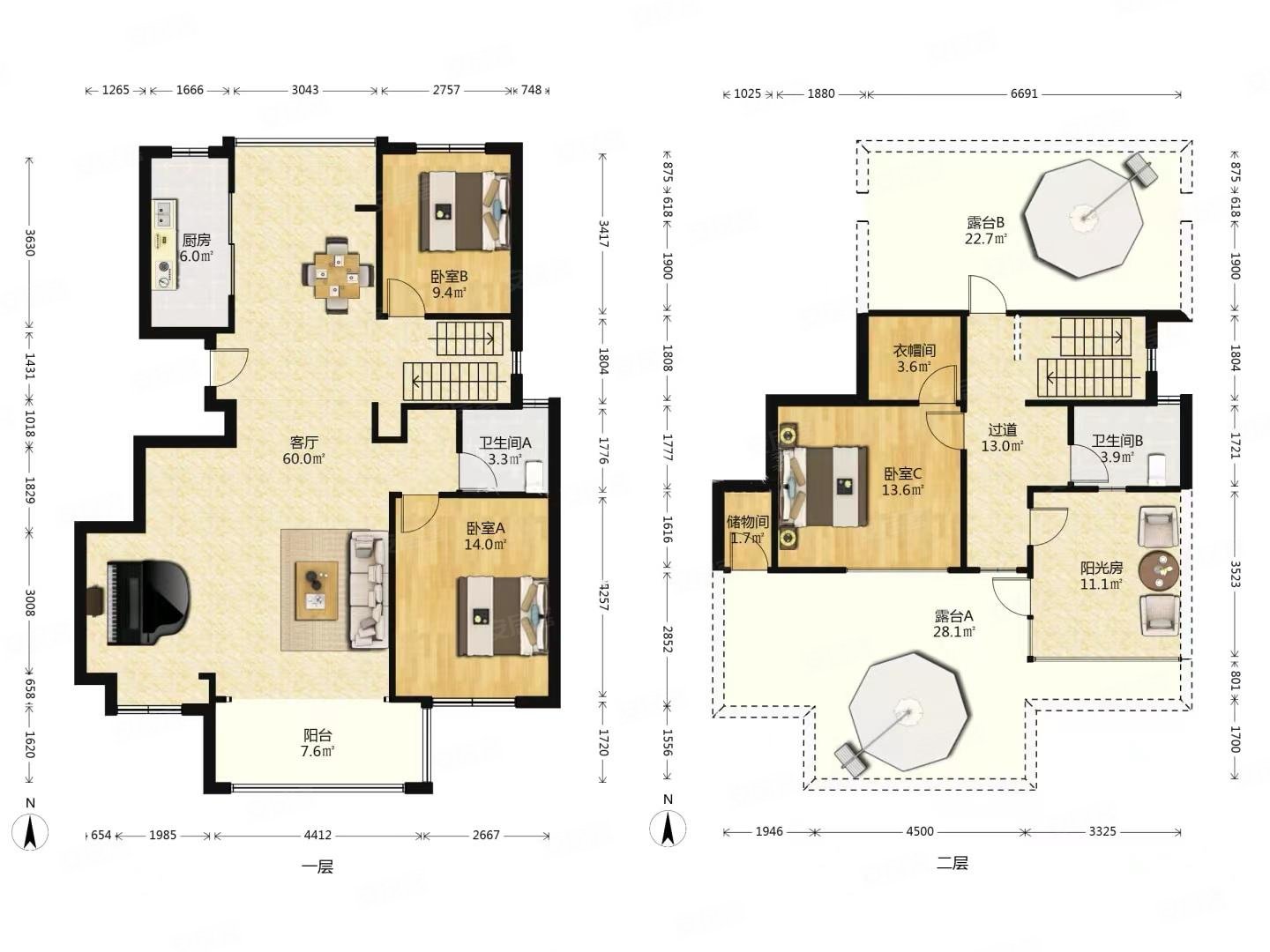 华府国际 平层顶跃 南北双露台 原木风精装 精致保养.