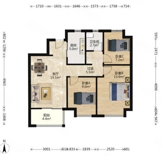 万科翡翠公园3室2厅1卫87.42㎡南290万